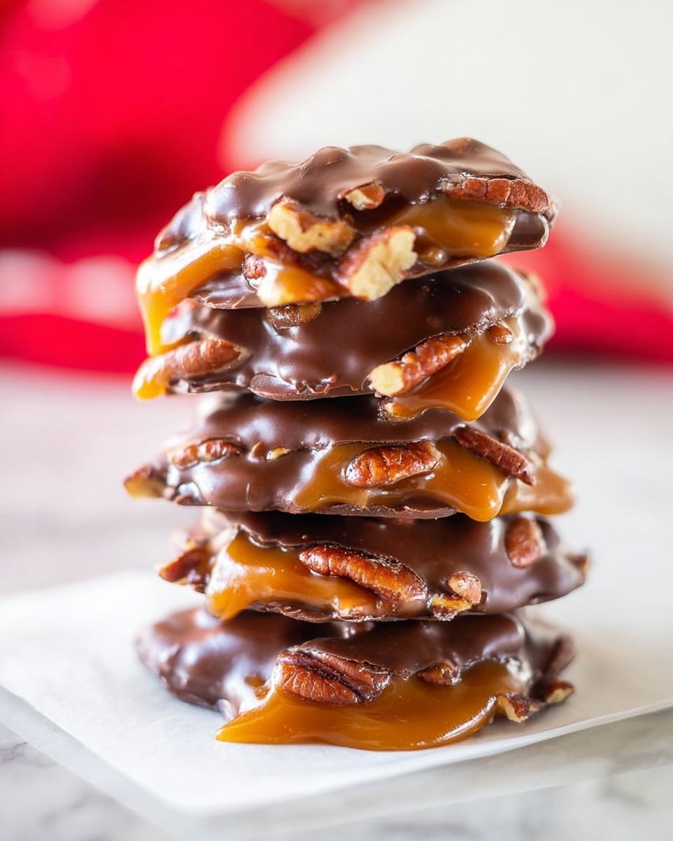 A close-up of a stack of five uneven round clusters of shiny caramel and dark chocolate with visible pecans peeking out in each layer, showing a gooey, sticky texture with soft caramel flowing slightly between the layers, all stacked on white parchment against a white marbled background with a blurred red object far behind, photo taken with an iphone --ar 4:5 --v 7