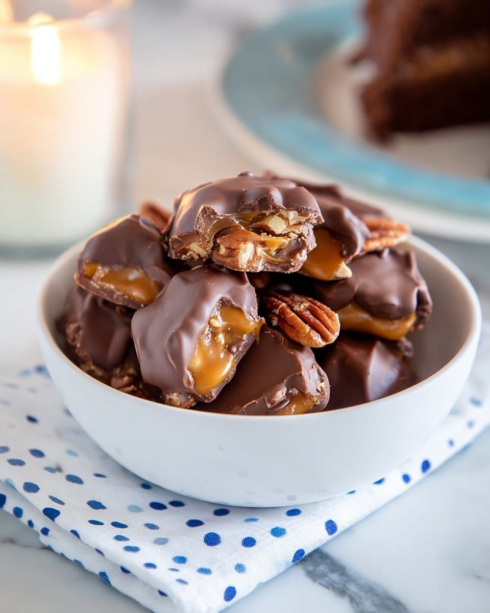 A white bowl filled with pieces of chocolate-covered caramel pecan clusters, showing three main layers: the bottom layer of shiny caramel in a golden brown color, pecans with rough texture peeking from the sides, and a smooth, glossy dark brown chocolate layer on top, all resting on a white cloth with blue dots on a white marbled surface, with a candle and a blurred plate of chocolate cake in the background, photo taken with an iphone --ar 4:5 --v 7