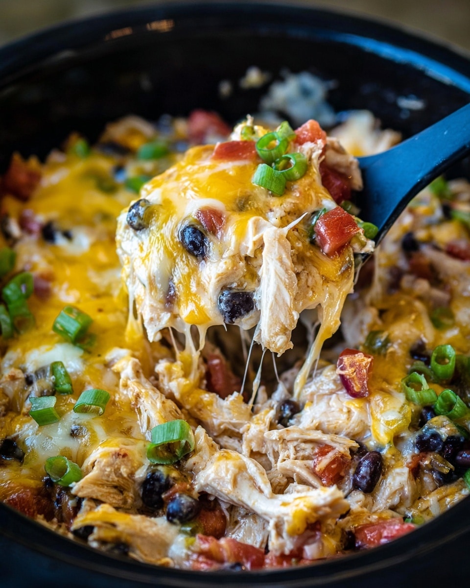 The image shows a close-up of a black bowl filled with a layered cheesy chicken casserole. The bottom layer is shredded white chicken mixed with black beans and diced red tomatoes, giving a mix of white, black, and red colors. On top of this is a thick, melted layer of bright yellow and white cheese, with some melted parts stretching as a blue spoon scoops a serving. Scattered green chopped spring onions add a fresh green color on top. The dish looks creamy and rich with the layers blending well. photo taken with an iphone --ar 4:5 --v 7