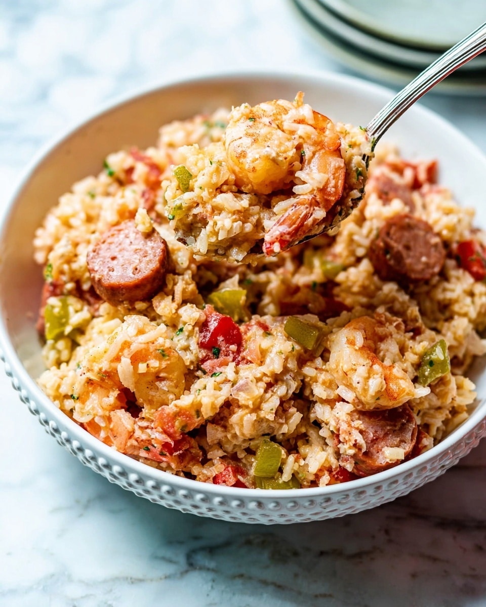 A white bowl with a beaded rim is filled with a mixed dish of cooked rice, shrimp, sliced sausage, and bits of tomatoes and green vegetables, creating a colorful blend of light brown, pink, red, and green hues. The rice is fluffy and clings together with visible seasonings and herbs sprinkled on top. A metal spoon raised above the bowl holds a closer look at the dish, showing individual pieces of shrimp and sausage along with the textured rice and vegetables. The background is a white marbled surface with soft light highlighting the colors and textures of the food. Photo taken with an iphone --ar 4:5 --v 7