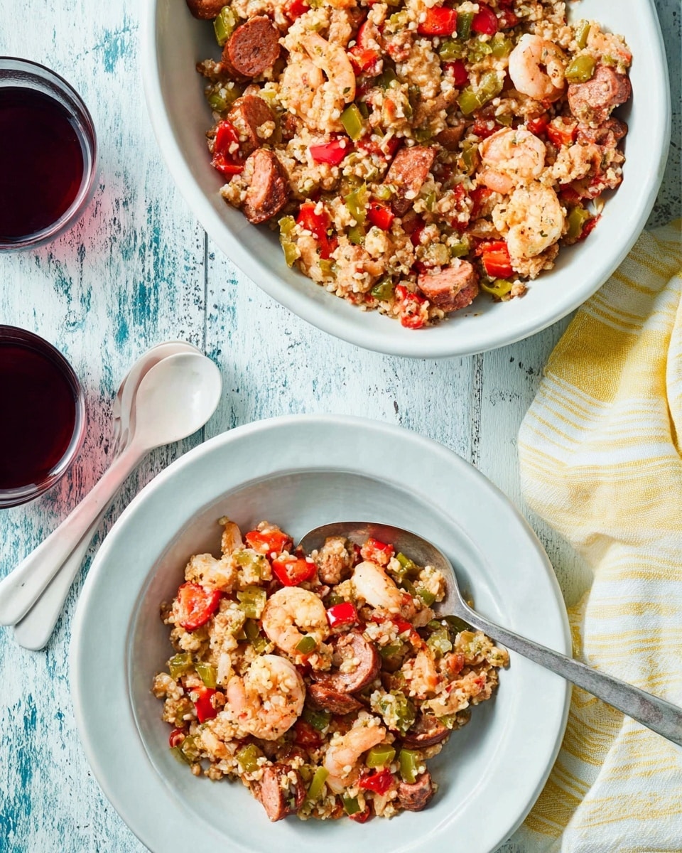 A white bowl filled with a mixed dish of small cooked grains, chopped red and green bell peppers, sausage slices, and shrimp, showing a mix of pink, red, green, and beige colors with a somewhat soft and chunky texture. Next to it, a white plate holds a portion of the same dish with a metal spoon resting on the plate. Two light-colored spoons lie beside a glass of dark red liquid on the left. On the right side, there is a light yellow cloth with white stripes. All items are placed on a white marbled textured surface with a rustic blue painted wood underneath partially visible. photo taken with an iphone --ar 4:5 --v 7