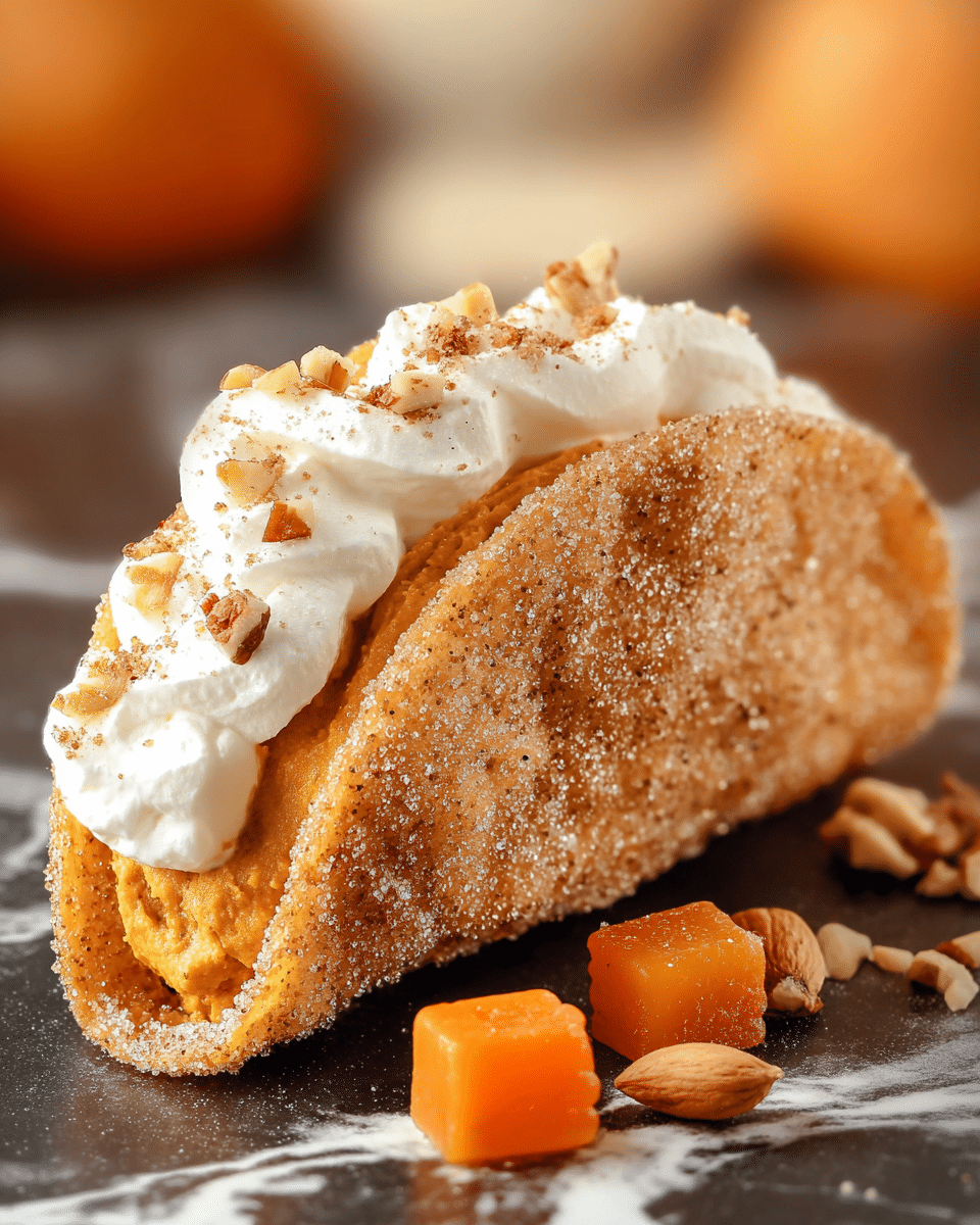A single dessert taco is shown with a crispy, sugar-coated shell that is golden and textured with fine sugar crystals covering the entire surface. Inside, there are two layers: a thick, smooth pumpkin-colored filling at the bottom, and a fluffy white whipped cream layer on top, sprinkled with small chopped nuts and a light dusting of cinnamon or spice. Next to the taco, there are small pieces of orange pumpkin-shaped candy and scattered chopped nuts. The dessert sits on a dark surface with a white marbled texture blurred in the background. photo taken with an iphone --ar 4:5 --v 7