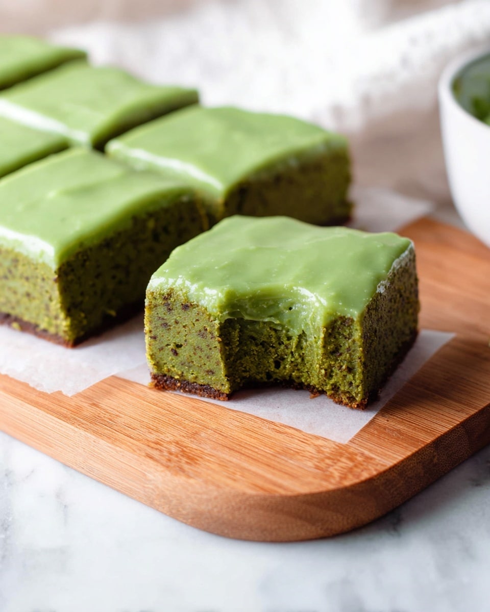 The image shows a close-up of square green brownies on a wooden board with a white cloth in the background. Each brownie has two layers: a dense, textured green cake base with visible small dark specks, and a smooth, glossy light green frosting on top. One brownie in the front has a bite taken out, revealing the soft, moist interior of the cake layer beneath the slightly shiny frosting. The brownies are arranged side by side on white parchment paper placed on the wooden board, all resting on a white marbled surface. photo taken with an iphone --ar 4:5 --v 7