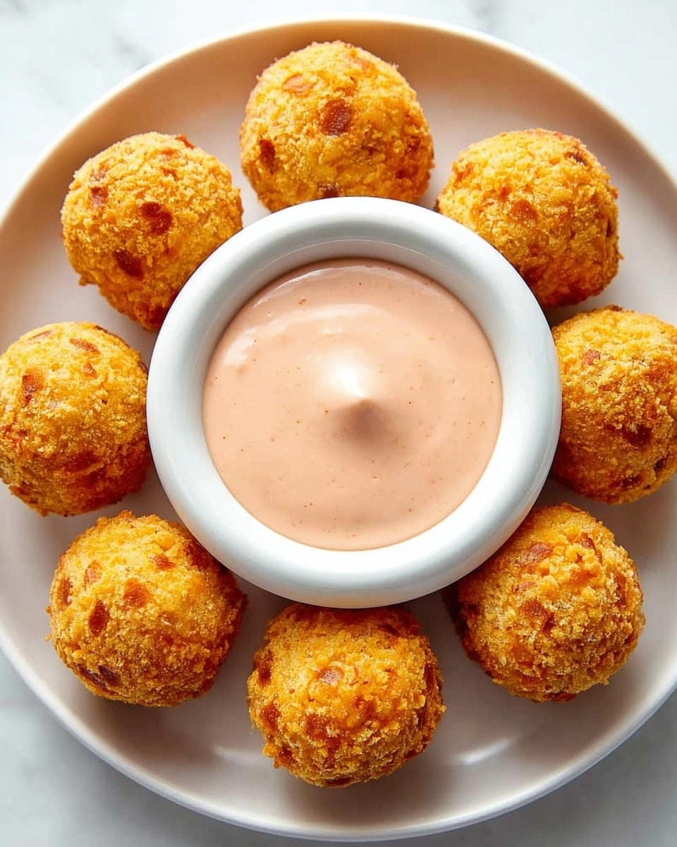 A round white plate with a white bowl of smooth, light pink dipping sauce in the center is surrounded by ten small, round, golden-brown crispy balls with textured, slightly crumbly surfaces and darker orange spots, evenly spaced around the bowl on a white marbled texture surface. photo taken with an iphone --ar 4:5 --v 7