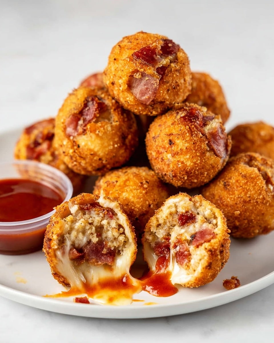 A white plate sits on a white marbled surface, holding a pile of golden brown fried balls stacked in the background. In the front, one ball is cut in half showing a crumbly, light tan inside mixed with small pieces of red meat. Some melted cheese and reddish sauce drip from the cut halves, one half resting against a small plastic container of reddish sauce placed on the plate. The fried balls have a crispy, slightly rough texture on the outside. Photo taken with an iphone --ar 4:5 --v 7