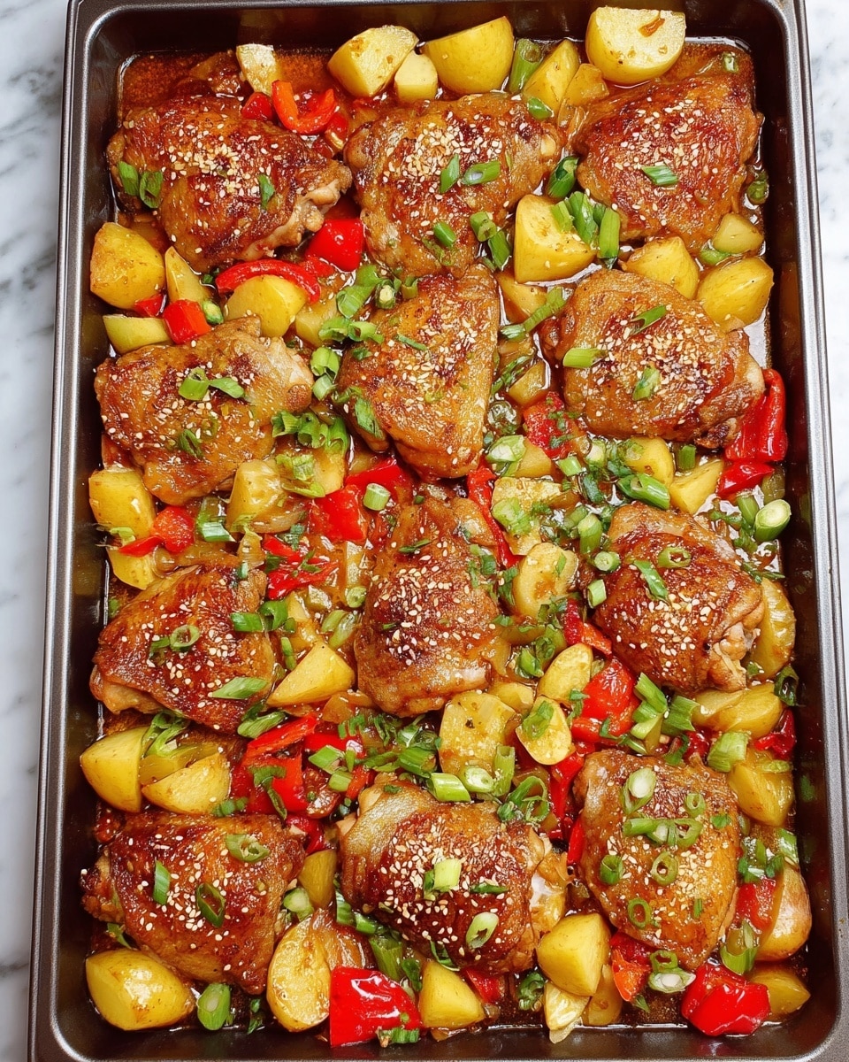 A metal baking tray filled with golden-brown roasted chicken thighs placed on top of a mix of yellow and red diced potatoes and red and yellow bell peppers. The chicken pieces are sprinkled evenly with light brown sesame seeds and chopped green onions, giving a fresh green touch. The vegetables underneath are cooked but still vibrant, soaking in a glossy, rich sauce that coats the whole dish. The tray sits on a white marbled surface, showing a warm, home-cooked meal ready to serve. Photo taken with an iphone --ar 4:5 --v 7