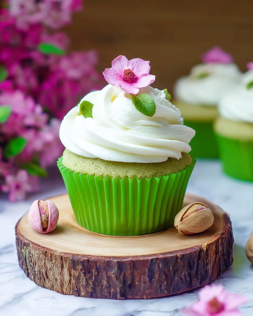 The image shows a green cupcake in a bright green paper cup sitting on top of a wooden board with bark edges. The cupcake has one thick swirl of smooth white frosting on top, decorated with a small pink flower and green leaves placed right in the center of the frosting. Around the cupcake on the board, there are a few small pink flowers and a couple of light brown pistachios with shells. The background is a white marbled texture with some blurry pink flowers in the distance. Photo taken with an iphone --ar 4:5 --v 7