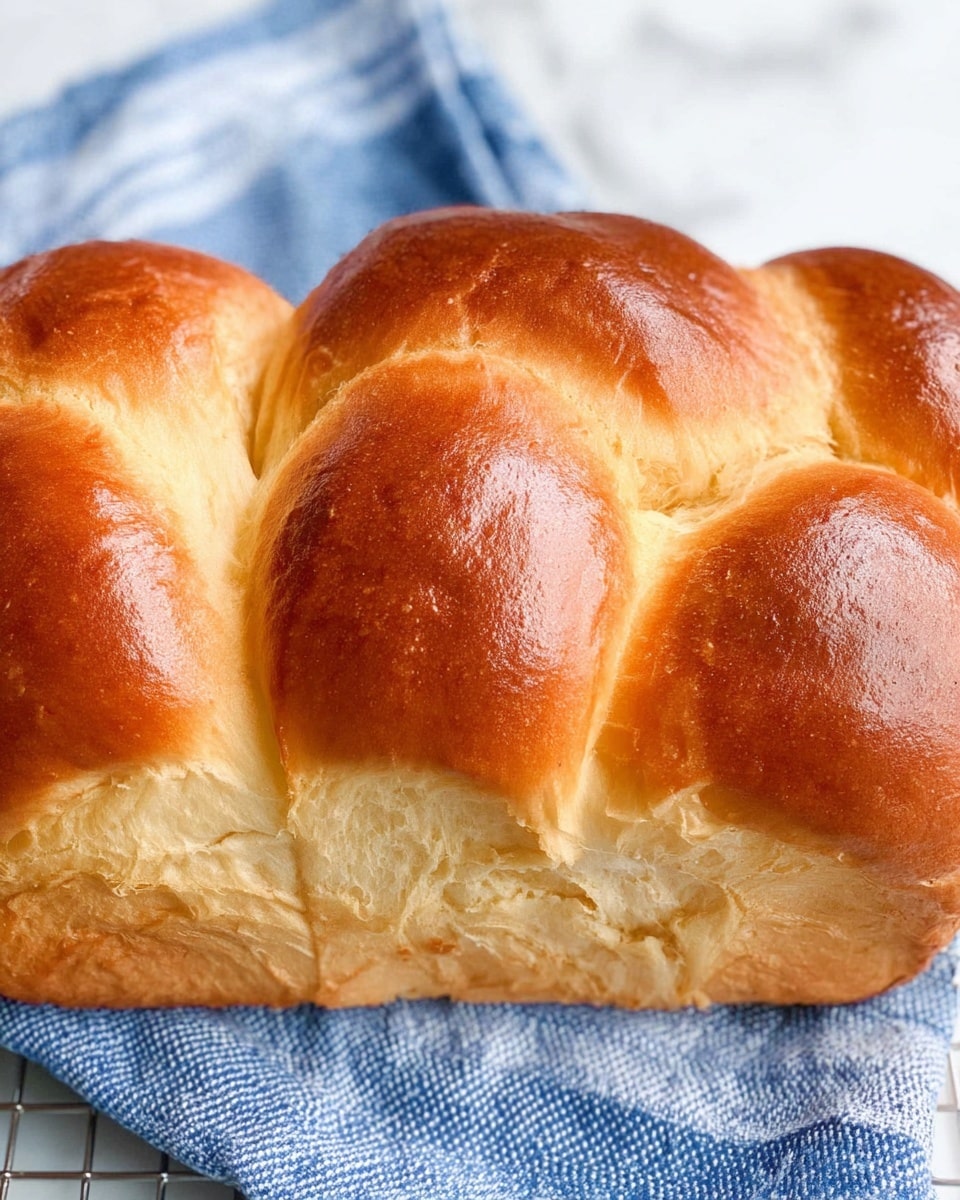 The image shows a close-up of a soft, fluffy bread loaf with six rounded sections tightly joined together. The top of each section is golden brown and shiny, while the sides are lighter beige with a smooth, slightly textured surface. The bread looks fresh and airy, with visible soft strands where the sections meet. Part of a blue cloth with white stripes is visible on the left edge, resting on a white marbled textured surface under the loaf. Photo taken with an iphone --ar 4:5 --v 7