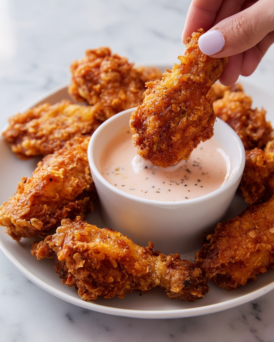 A close-up of a woman's hand holding a crispy, golden-brown fried chicken wing being dipped into a white round bowl filled with light pink creamy sauce with small specks, placed on a white plate; the plate also holds several more fried chicken wings with crunchy textured coating, all set on a white marbled surface. photo taken with an iphone --ar 4:5 --v 7