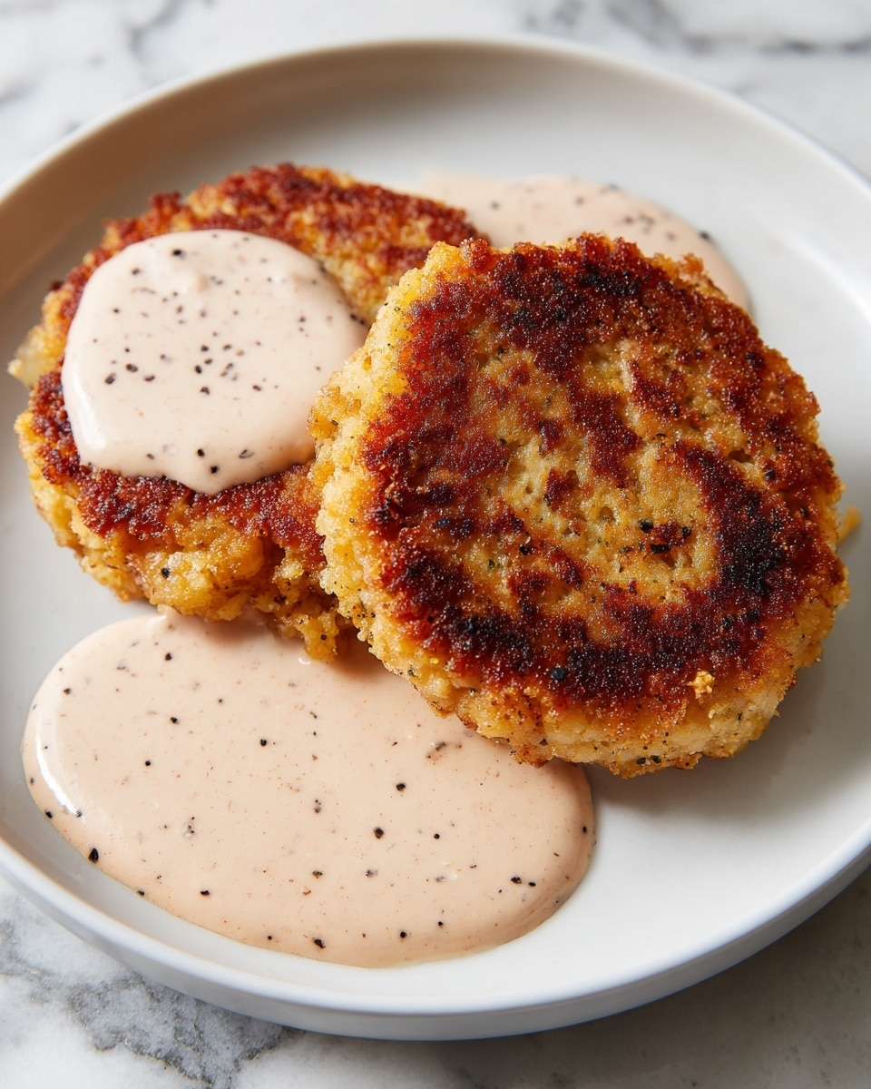 The image shows a close-up of two golden-brown, crispy patties placed on a white plate. Each patty has a rough, crunchy texture with darker browned spots on top. One patty has a dollop of light pink creamy sauce with visible small black specks on it, and some sauce is spread in a large puddle beside the patties on the plate. The plate sits on a white marbled surface. Photo taken with an iphone --ar 4:5 --v 7