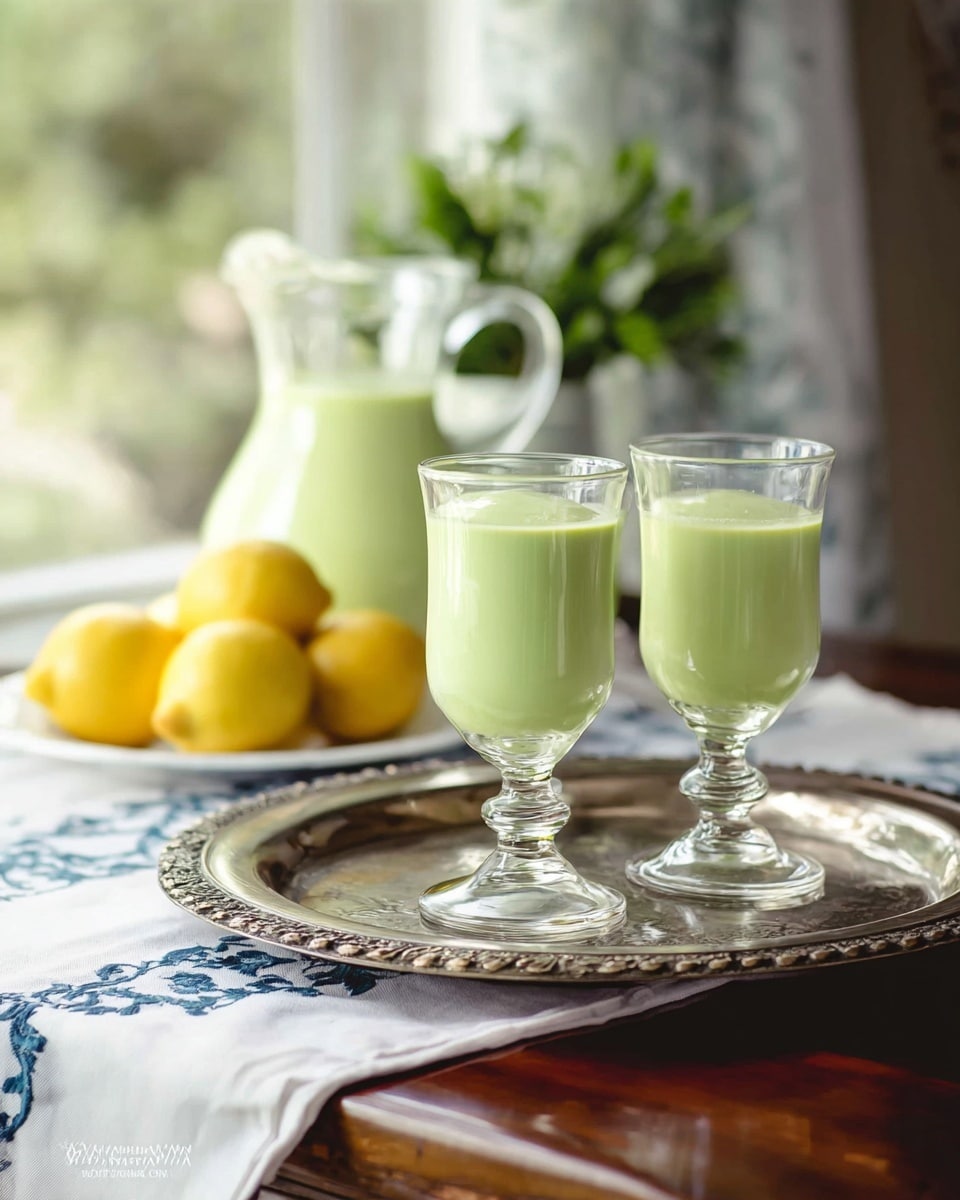 Two clear glass goblets filled about three-quarters with a smooth light green drink sit on a large ornate round silver tray. Behind them, a clear glass pitcher with the same drink is placed on a white cloth with blue patterns on the edges. To the left, a white plate holds several bright yellow lemons. In the background, blurred greenery and window light create a soft, fresh atmosphere. The drink is thick and creamy, with a uniform pale green color. Photo taken with an iphone --ar 4:5 --v 7