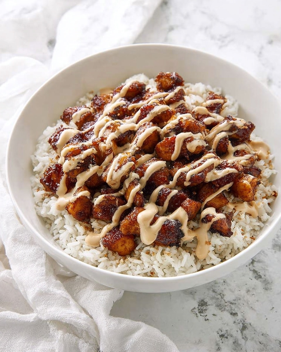 A white bowl filled with a bed of white rice as the base layer, topped with a generous layer of dark brown, crispy, bite-sized pieces of cooked chicken scattered evenly across the rice. A creamy, light beige sauce with a smooth texture is drizzled in thin, uneven lines over the chicken, some sauce spreading onto the rice. The bowl is placed on a white marbled surface with a white cloth loosely folded in the background. photo taken with an iphone --ar 4:5 --v 7
