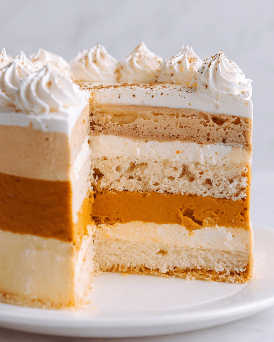 A multi-layered cake with six visible layers is shown, placed on a white plate with a white marbled background. The bottom two layers are light beige and fluffy, looking like soft cake layers. Above them is a tan layer with a slightly denser texture. Next is a thin cream layer, then a thick, smooth orange layer resembling pumpkin filling. The top layer is light beige with a creamy texture, topped with white piped cream dollops with small specks of brown spice sprinkled on top. Photo taken with an iphone --ar 4:5 --v 7