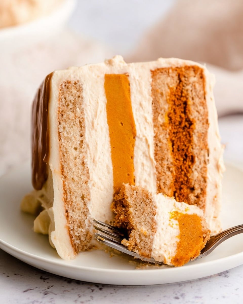 The image shows a slice of layered cake on a white plate over a white marbled texture surface, with a woman's hand holding a fork with a bite-sized piece of the cake. The cake has four layers: the top and bottom layers are light tan frosting, the second layer is a light brown cake, and the third layer is a bright orange pumpkin filling. The cream frosting looks smooth and thick, with a few cracks on the side. The orange pumpkin layer is dense and moist, while the brown cake layer looks soft and slightly crumbly. Photo taken with an iphone --ar 4:5 --v 7