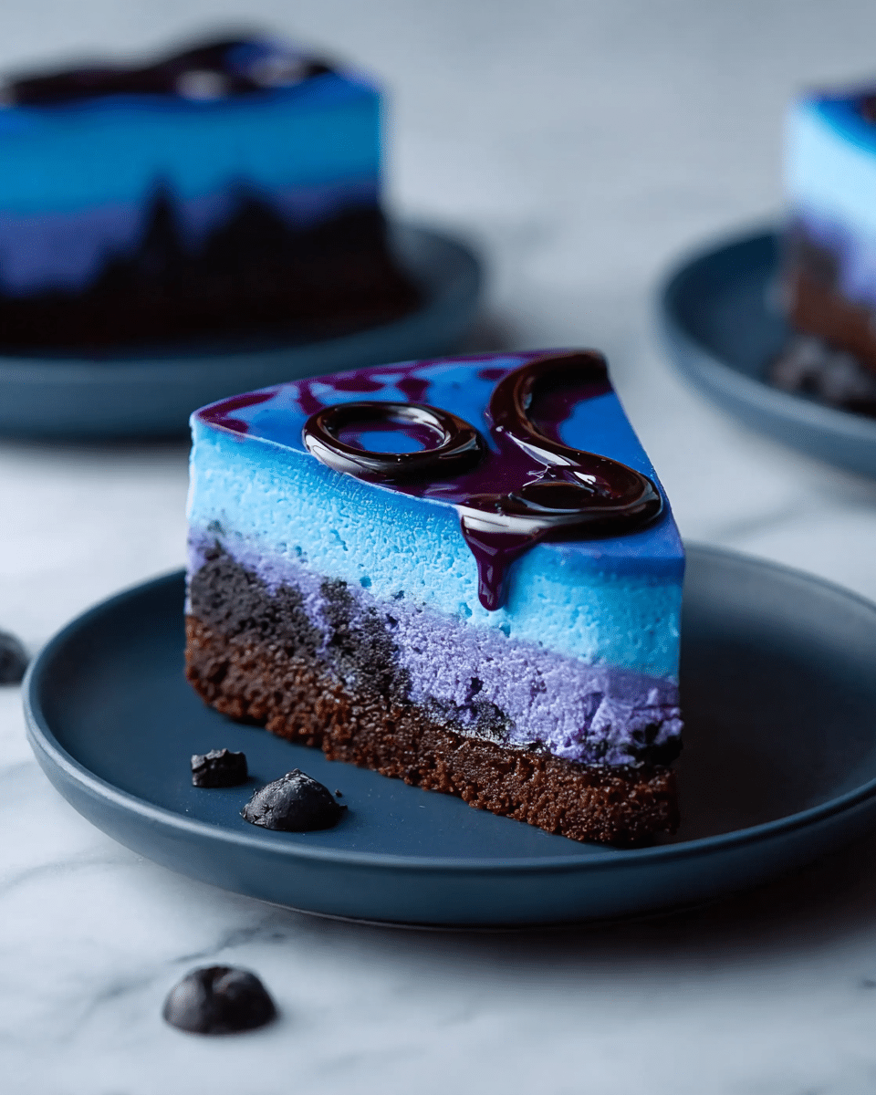 A slice of cake is shown on a white plate with a dark blue color. The cake has three visible layers: the bottom layer is a dark brown crumbly crust, the middle layer is a mix of dark and light purple with a soft texture, and the top layer is smooth, bright blue with a shiny dark purple swirl of sauce on top. The whole cake is round, and another piece is visible in the background on another white plate, both placed on a surface with a white marbled texture. photo taken with an iphone --ar 4:5 --v 7