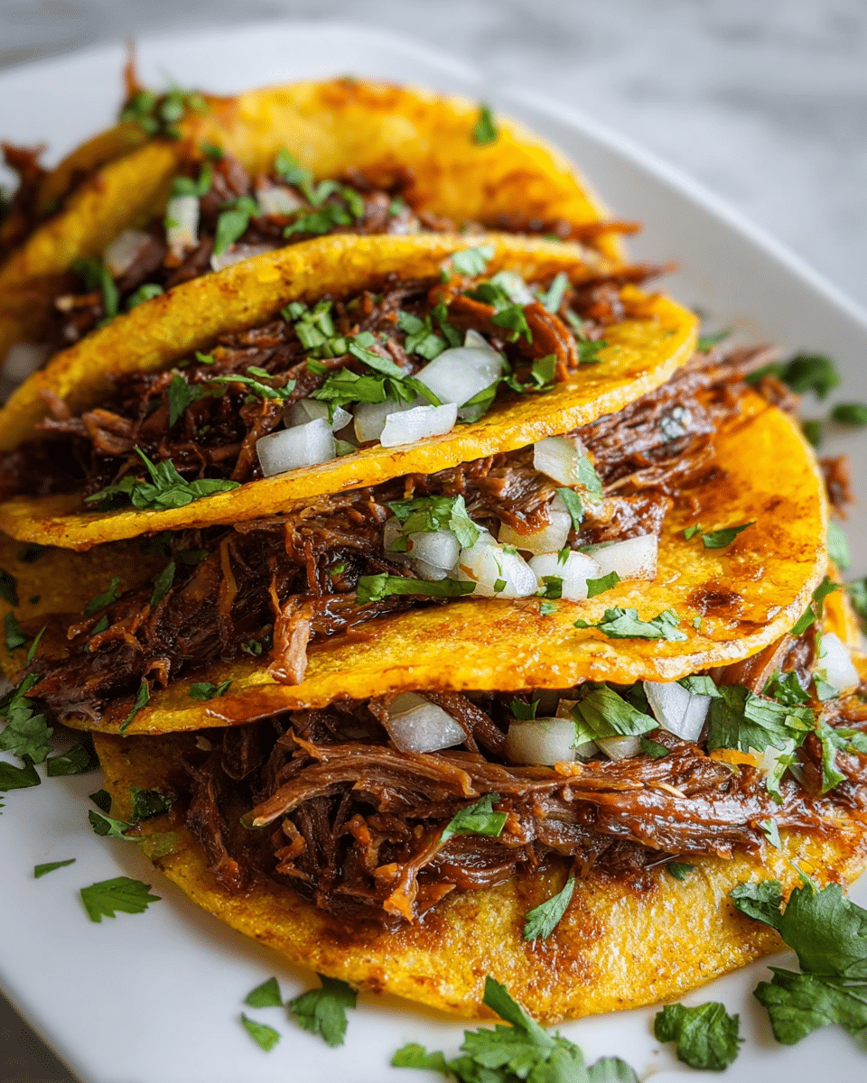 A close-up of five yellow corn tortillas stacked on top of each other in a white plate, each folded in half and filled with shredded dark brown meat. The tortillas have a slight crispy texture with some browned spots. On top of the meat inside the tortillas are small white onion pieces and chopped green cilantro leaves scattered evenly. Additional cilantro leaves are spread around the base of the plate. The white plate sits on a white marbled surface. Photo taken with an iphone --ar 4:5 --v 7