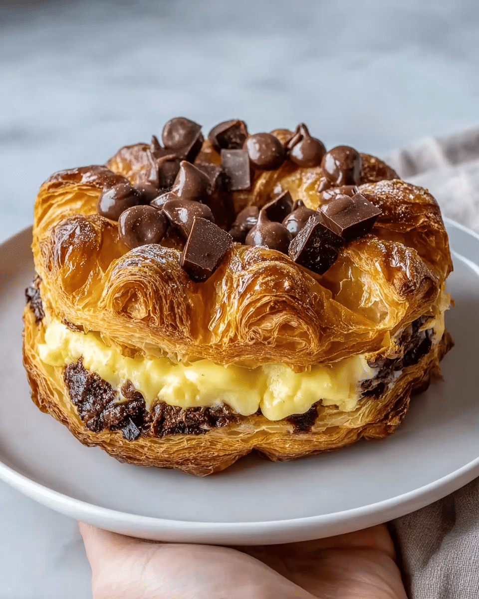 A round pastry placed on a white plate with a soft, white marbled background. The pastry has multiple flaky golden layers forming the outer ring, each layer showing a light, crispy texture. Inside, there is a thick creamy yellow layer filling the middle. Underneath the creamy layer, dark chocolate pieces appear, creating a rough and dense layer along the base. On top of the pastry, there are scattered large melted chocolate drops and chunks, adding a rich dark brown color and glossy texture to the top surface. A woman's hand holds the plate slightly from the side. Photo taken with an iphone --ar 4:5 --v 7