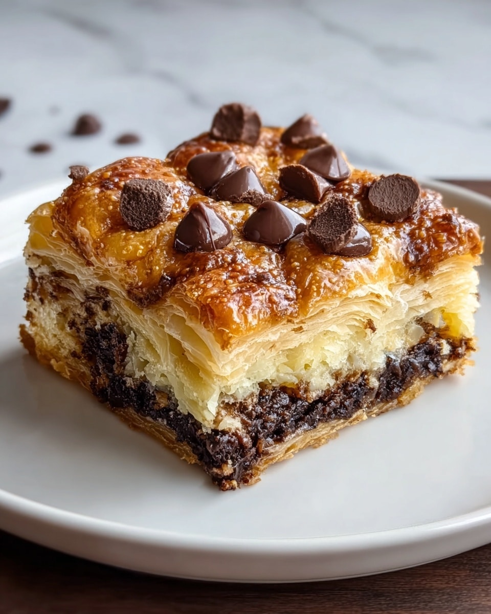 A thick square pastry with multiple layers is shown on a white plate with a white marbled background. The bottom layer is a dark, crumbly crust, above which is a slightly gooey, dark chocolate layer with visible melted chunks. The middle pastry layers are light golden brown and flaky, with a soft texture. The top is a golden brown, shiny baked puff pastry layer, studded with large chunks and small chips of dark chocolate scattered generously across the surface. Photo taken with an iphone --ar 4:5 --v 7