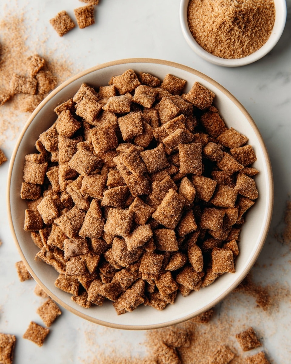 A close-up view of a bowl filled with many small, square-shaped cereal pieces that are brown and coated with a cinnamon sugar texture. The cereal pieces have a rough and crunchy look, with some showing slight creases and folds. The bowl is white with a smooth matte finish and a light beige rim. Around the bowl, there are scattered cereal pieces and a small white bowl filled with brown sugar, all set on a white marbled surface. Photo taken with an iphone --ar 4:5 --v 7