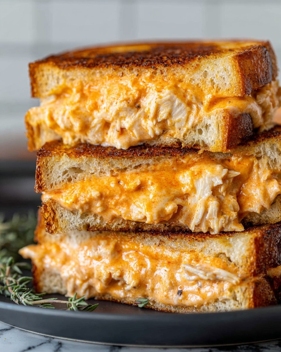 A close-up view of a stack of three grilled cheese sandwich halves, each showing three layers of golden-brown toasted bread with a crispy texture, filled with two layers of melted cheese mixed with orange sauce and small chunks of chicken in between, the cheese and sauce slightly oozing out at the edges. The sandwiches are placed on a dark plate with a white marbled texture in the background. photo taken with an iphone --ar 4:5 --v 7