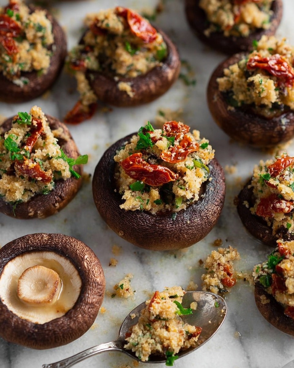 The image shows a close-up of several dark brown mushrooms with smooth, round caps placed on a white marbled surface. Some mushrooms are empty with a light beige center, and others are filled with a stuffing mixture that has a crumbly tan base, mixed with green bits of herbs or vegetables, and pieces of bright red sun-dried tomatoes on top. There is a silver spoon lying on the surface with some stuffing on it. The lighting highlights the textures of the mushrooms and the stuffing, making them look fresh and appetizing. photo taken with an iphone --ar 4:5 --v 7
