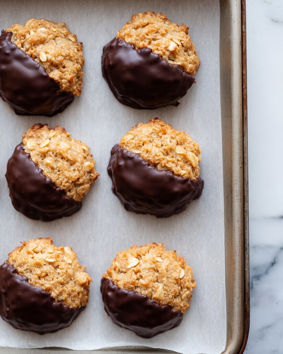 The image shows six round cookies on a baking tray lined with parchment paper. Each cookie is golden-brown with a rough texture made from oats or coconut, and they are dipped halfway into dark, smooth chocolate, creating a shiny coating on one side while the other side remains textured and dry. The cookies are evenly spaced in two rows of three. The tray has a simple metal edge, and the background is a white marbled surface. photo taken with an iphone --ar 4:5 --v 7