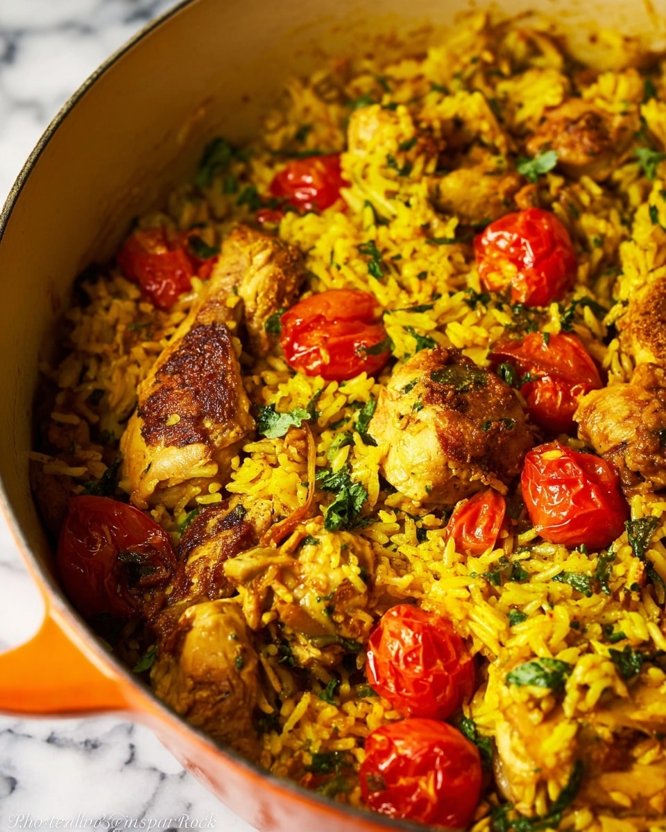 A close-up view of a pot filled with a colorful, layered dish. The base layer is bright yellow rice mixed with green herbs, creating a textured bed. Scattered on top are soft, plump cherry tomatoes broken open to show their juicy insides, and tender chicken pieces with golden-brown, spiced surfaces and a slightly crispy texture. The ingredients are mixed but still distinct, giving a rich, warm color palette of yellow, red, green, and brown. The pot holding the food is orange with a smooth finish, and the background is a white marbled texture. photo taken with an iphone --ar 4:5 --v 7