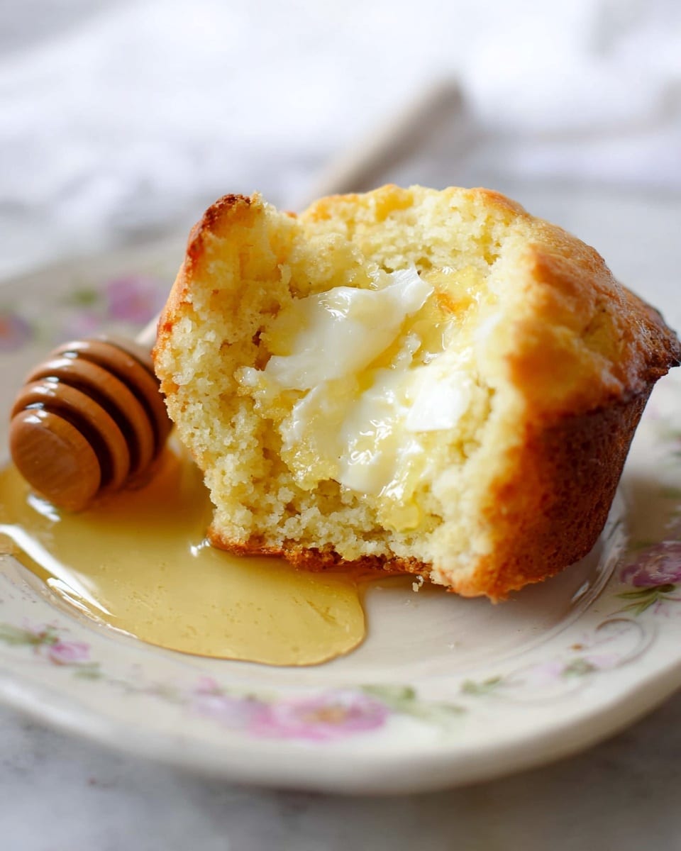 A close-up of a single muffin cut in half and placed on a white plate with delicate floral patterns. The muffin has two main layers: a thick, golden-brown base with a slightly crunchy texture and a soft, yellowish crumb on top that looks moist and fluffy. The top layer is spread with melting white butter that glistens, and there is a small puddle of clear, shiny honey pooled beside the muffin with a wooden honey dipper resting nearby. The scene is set on a white marbled surface with a soft, blurred white background. Photo taken with an iphone --ar 4:5 --v 7