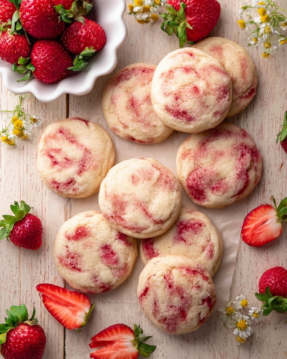 The image shows ten round strawberry cookies with a soft, slightly puffy texture and visible red strawberry swirls inside them, scattered on a light wooden surface that is replaced with a white marbled texture. Around the cookies, there are fresh whole strawberries with bright red color and green leaves, and some sliced strawberries with a juicy red inside and white core. A white scalloped plate holding more whole strawberries is placed in the top left corner, alongside small white and yellow flowers gently scattered among the cookies and fruit. The scene is bright and fresh, with the focus on the natural colors and textures of the cookies and strawberries. Photo taken with an iphone --ar 4:5 --v 7