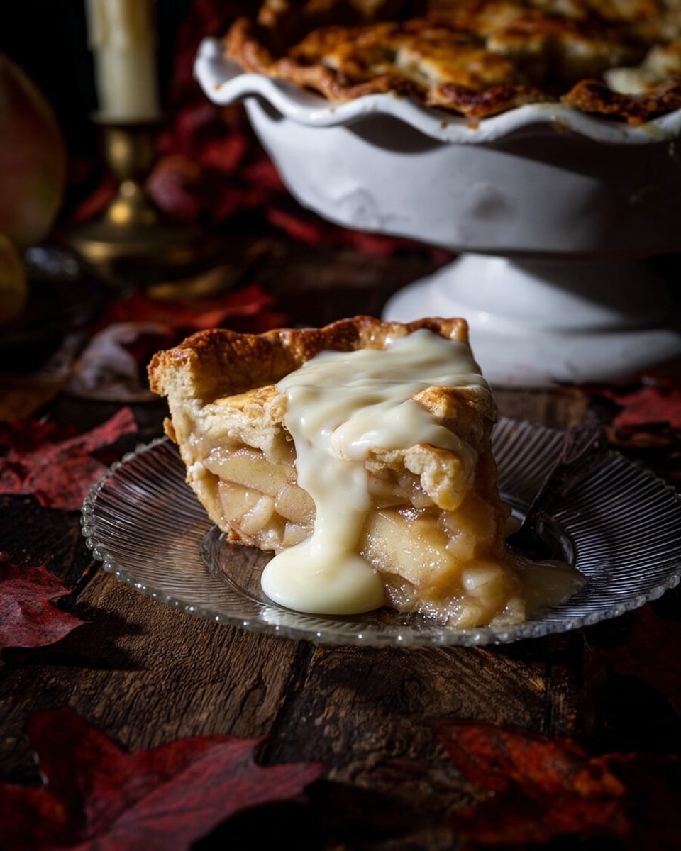 A slice of golden-brown apple pie is placed on a clear glass plate with ridged texture, showing three visible layers: a flaky top crust with a slightly uneven surface, a thick layer of soft cooked apple slices in the middle with a light brown color, and a firm bottom crust. The pie slice is topped with a smooth, creamy white sauce that flows over the edges, covering part of the apples and crust. The plate is set on a rustic wooden surface with dark red autumn leaves scattered around, and in the background, a white ceramic pie dish holds the rest of the pie with a crimped edge top crust. The scene is softly lit, creating warm shadows and highlighting the textures of the pie and sauce. photo taken with an iphone --ar 4:5 --v 7