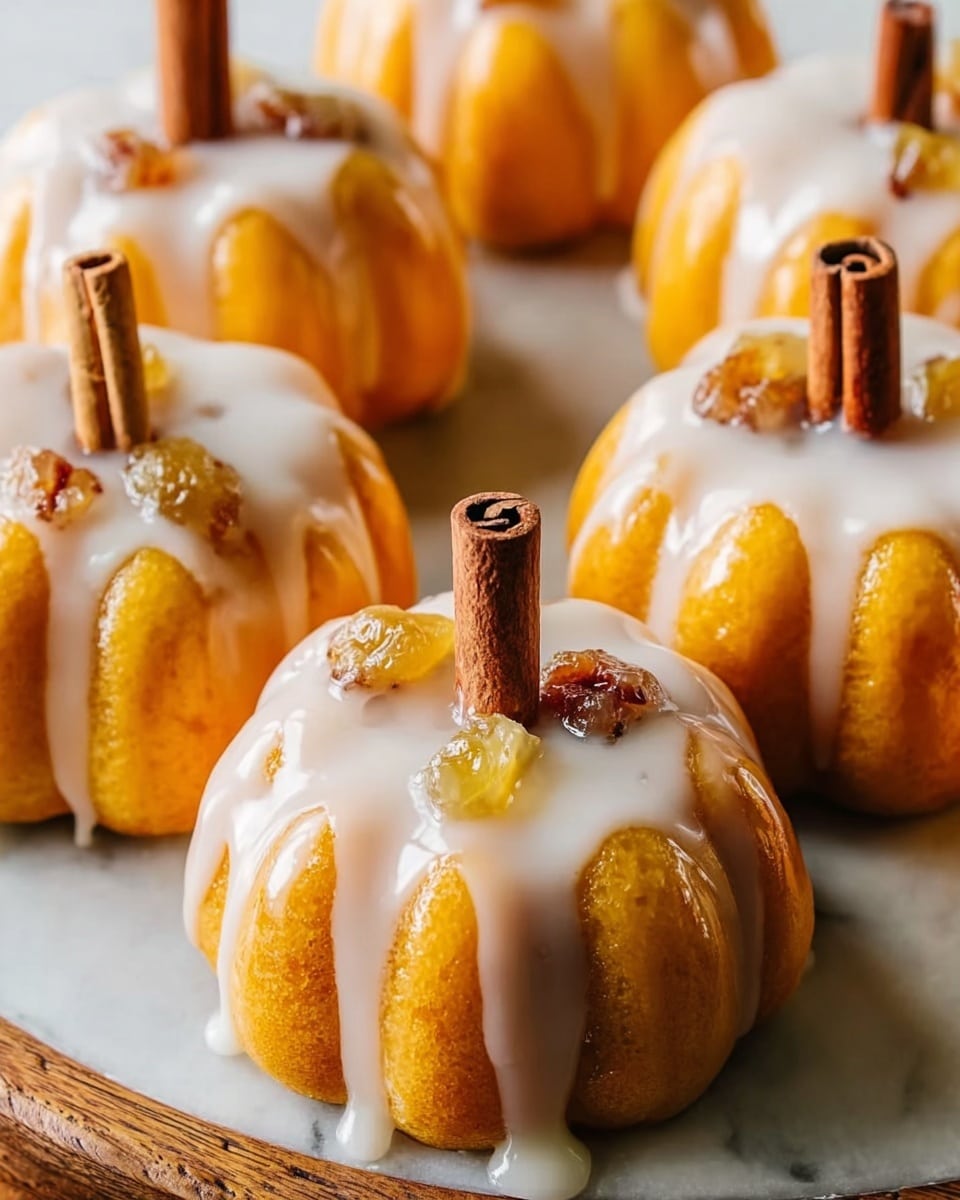 The image shows small pumpkin-shaped desserts with a bright orange, smooth, and slightly shiny outer layer, each with deep grooves to mimic a real pumpkin's shape. On top of each pumpkin, there is thick white icing that drips down the sides, giving a fresh and creamy look. In the middle of each dessert, a cinnamon stick sticks out vertically, acting as the pumpkin's stem. Small bits of nuts and caramelized pieces are scattered on top of the icing, adding texture and color contrast. The pumpkins are placed on a round wooden board, set on a white marbled surface. Photo taken with an iphone --ar 4:5 --v 7