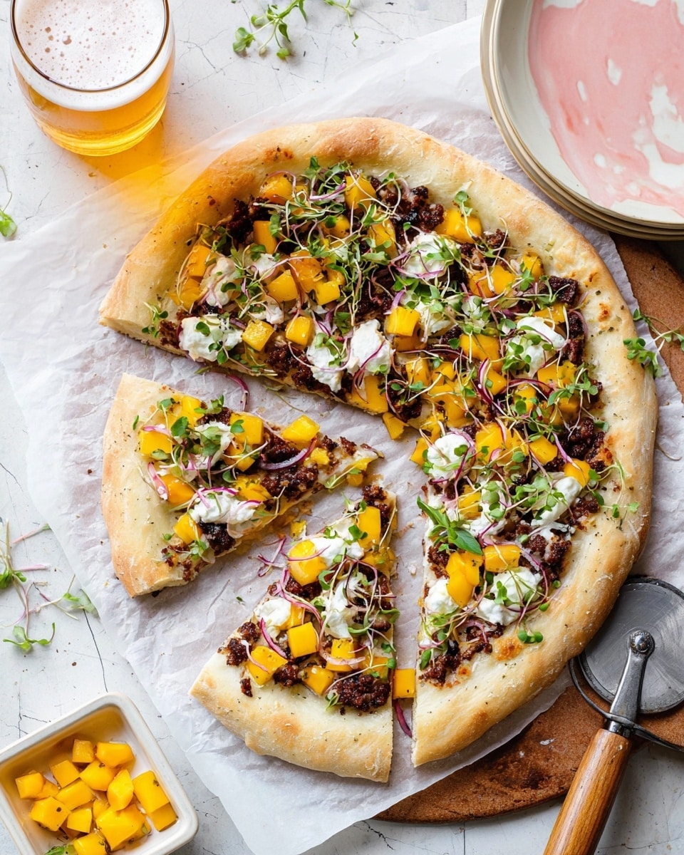 A thick pizza with a soft golden crust sits on white parchment paper over a wooden board on a white marbled surface. The pizza is cut into slices, with one slice slightly pulled out. The base layer is topped with small dark brown chunks of sausage, scattered bright yellow mango cubes, thinly sliced red onions, and small green microgreens sprinkled all over. Dollops of creamy white cheese are spread unevenly on top. A pizza cutter with a wooden handle rests beside the pizza, and a small square white dish with more mango cubes is nearby. In the background, there is a tall glass of frothy light amber beer and a partially seen white plate with a subtle pink pattern. photo taken with an iphone --ar 4:5 --v 7
