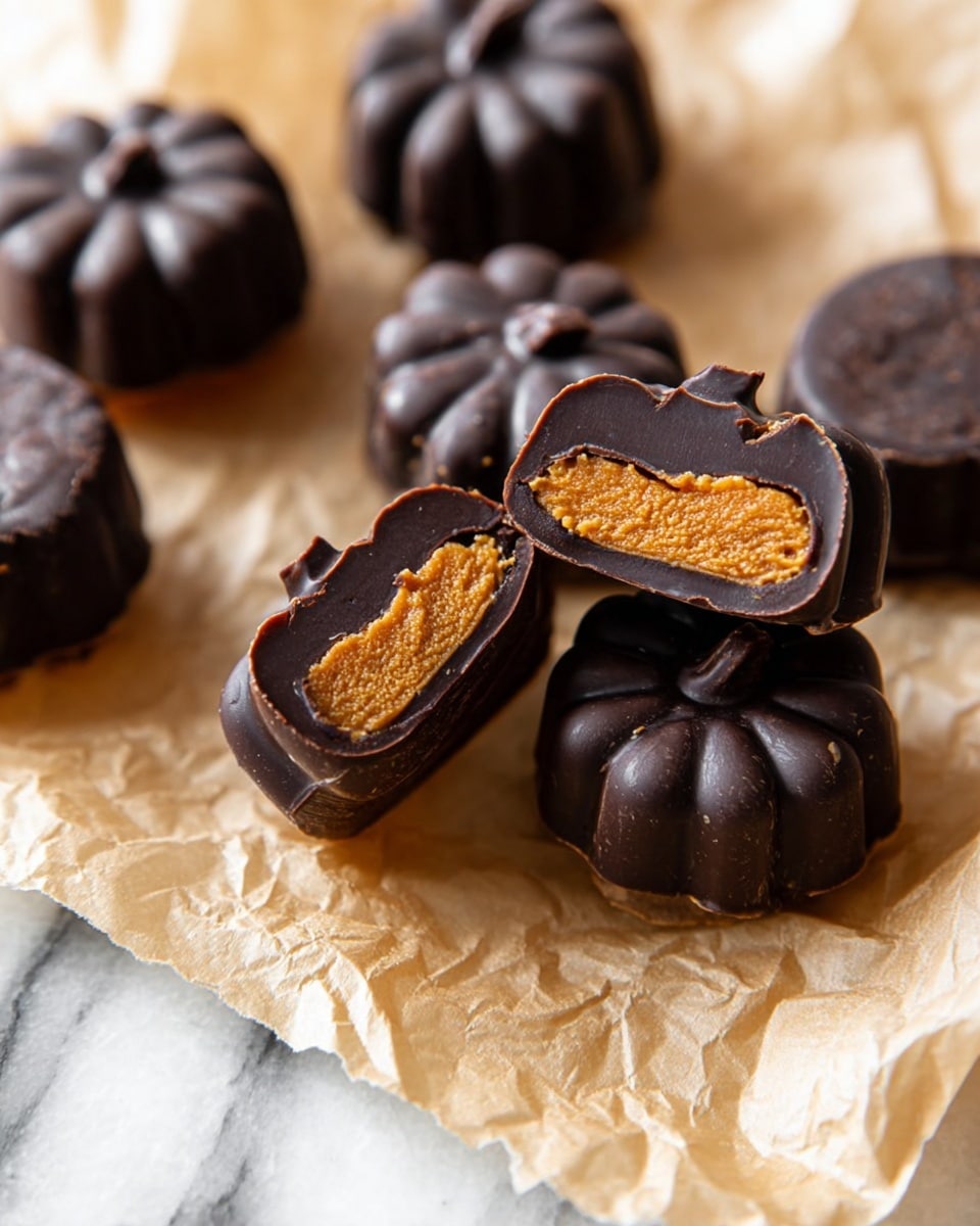 The image shows several small treats shaped like pumpkins, each with two clear layers. The top and bottom layers are dark brown and smooth with slight ridges that resemble the shape of a pumpkin. The middle layer is a thick, textured, orange filling, visible in one piece that is cut in half and balanced on another. The treats are placed on crumpled parchment paper over a white marbled surface. The lighting highlights the shiny texture of the dark chocolate and the slightly crumbly texture of the orange filling. photo taken with an iphone --ar 4:5 --v 7