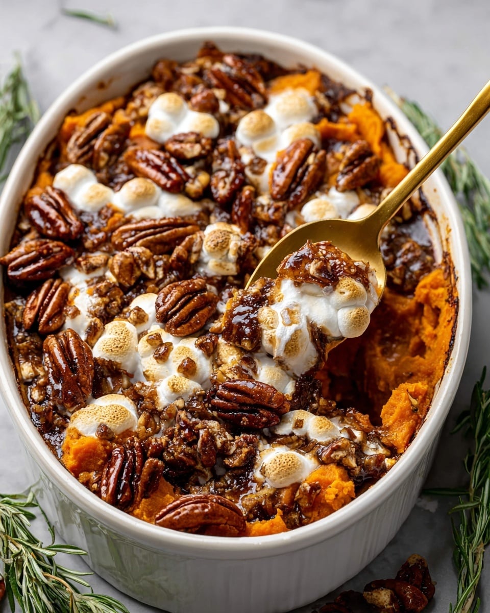 A white oval dish filled with a layered sweet potato casserole, showing soft, chunky orange sweet potato pieces as the base layer, topped with melted, golden-brown toasted marshmallows that are slightly gooey, and a generous scattering of shiny, textured dark brown pecans sitting on top. The dish has slight browning around the edges, and a gold spoon is scooping into the layers, revealing the gooey mix beneath. The setting is on a white marbled texture surface, with some green rosemary sprigs nearby. photo taken with an iphone --ar 4:5 --v 7