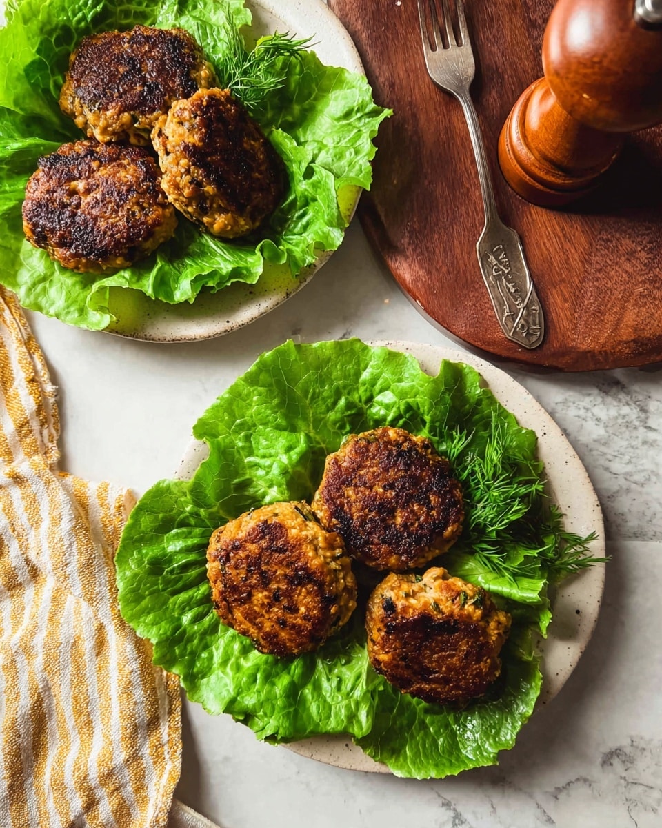 Two white plates are placed on a white marbled surface, each with large green lettuce leaves arranged as a base layer. On top of the lettuce, there are three to four browned, round patties with a textured, crispy surface showing hints of herbs and small bits inside. The lettuce is fresh and slightly curled at the edges, contrasting with the darker, golden-brown color of the patties. In the background, there is a wooden pepper grinder adding a rustic feel to the scene. photo taken with an iphone --ar 4:5 --v 7