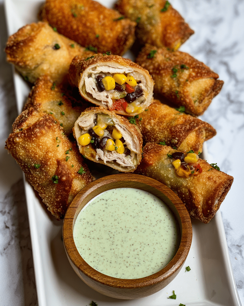 The image shows a white rectangular plate filled with golden brown, crispy fried roll-ups arranged around a small round wooden bowl filled with a creamy light green sauce with specks of herbs. The roll-ups are cut in half diagonally, revealing colorful layers inside: bright yellow corn kernels, black beans, small red pepper pieces, and light beige chicken, all wrapped in a thin, crispy, bubbled brown outer shell. The plate sits on a white marbled surface. photo taken with an iphone --ar 4:5 --v 7