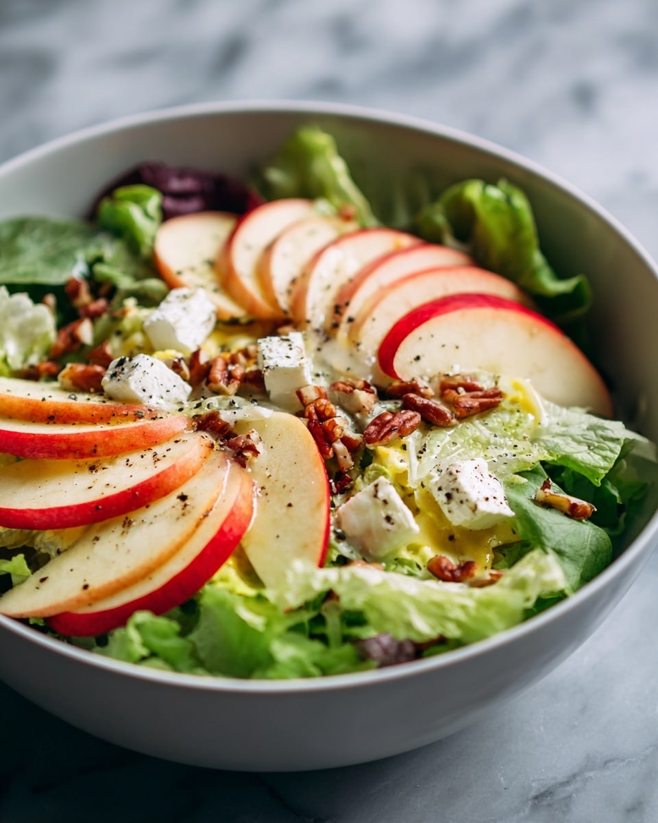 A white bowl holds a fresh salad with three main layers visible: the bottom layer is bright green leafy lettuce, the middle layer consists of several thin, crescent-shaped slices of red and yellow apple arranged evenly around the bowl, and the top layer is scattered with small white chunks of cheese and brown nuts, all topped with a light drizzle of dressing and sprinkled black pepper. The table surface is a white marbled texture. photo taken with an iphone --ar 4:5 --v 7