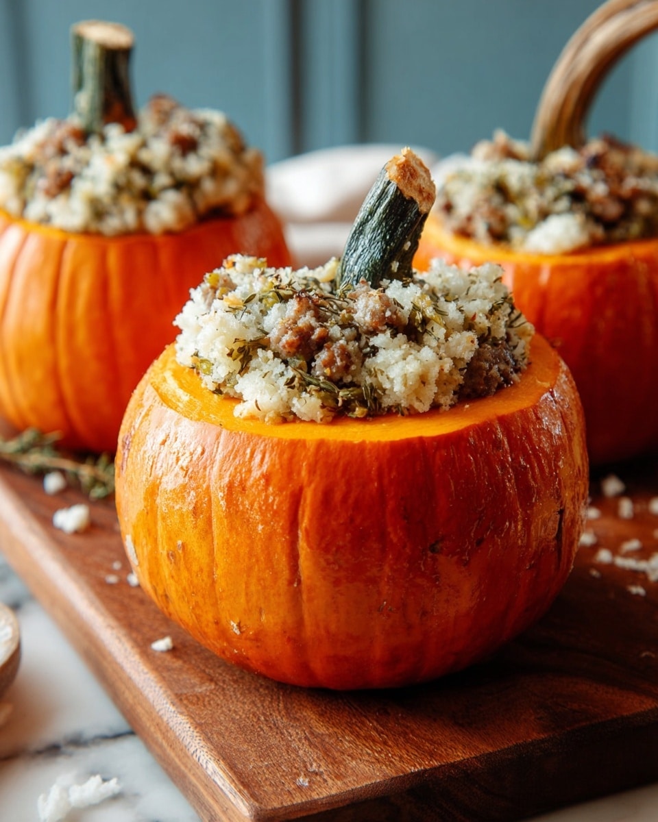 Three small orange pumpkins are hollowed out and filled with a layered stuffing mixture on a wooden board. The bottom pumpkin layer shows a bright orange pumpkin flesh ring, topped with a soft, crumbly white mixture with bits of green and brown, likely herbs and sausage pieces, creating a textured, uneven surface. One pumpkin lid with a thick green and brown stem leans against the pumpkin at the back. The pumpkins have a slightly glossy surface with some natural bumps and grooves. The background features a soft blue tone, and the board rests on a white marbled surface with scattered white crumbs. Photo taken with an iphone --ar 4:5 --v 7