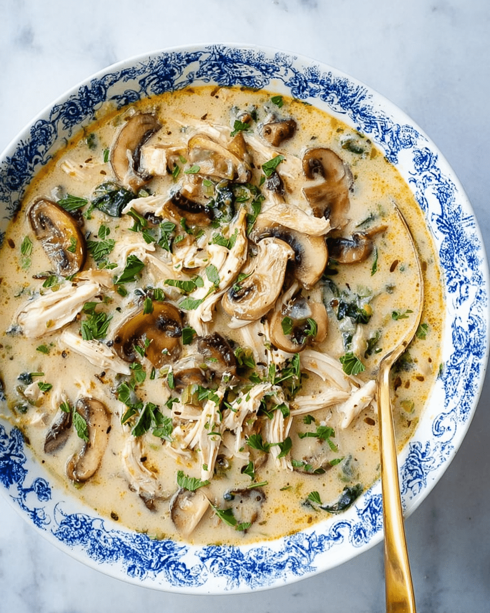 A white bowl with a blue pattern around the edge holds a creamy soup filled with many light brown cooked mushroom slices layered on top and mixed throughout, shredded white chicken pieces scattered evenly, and some green leafy vegetables visible in the thick beige broth. There are fresh green herb sprigs sprinkled on top for garnish, and a gold spoon is placed inside the bowl near the bottom edge. The bowl rests on a white marbled surface. Photo taken with an iphone --ar 4:5 --v 7