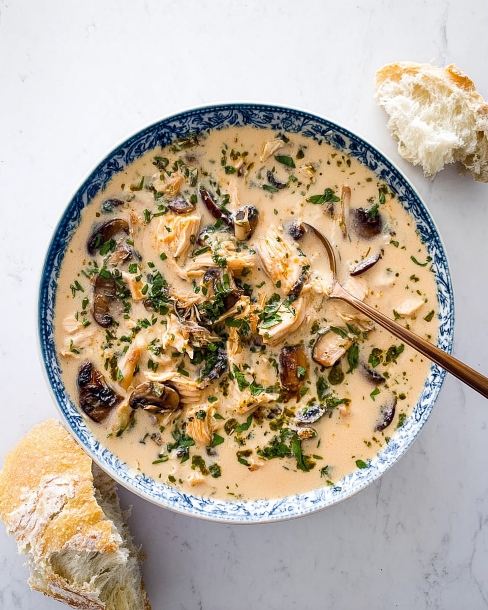 A bowl with creamy soup mostly pinkish cream color, filled with sliced cooked brown mushrooms, shredded chicken pieces, and green herbs scattered well inside, set on a white marbled surface; the bowl's rim has a blue pattern; a bronze spoon rests inside the bowl leaning on its side; next to the bowl, there is a piece of torn white bread with a rough texture and light browned crust; photo taken with an iphone --ar 4:5 --v 7