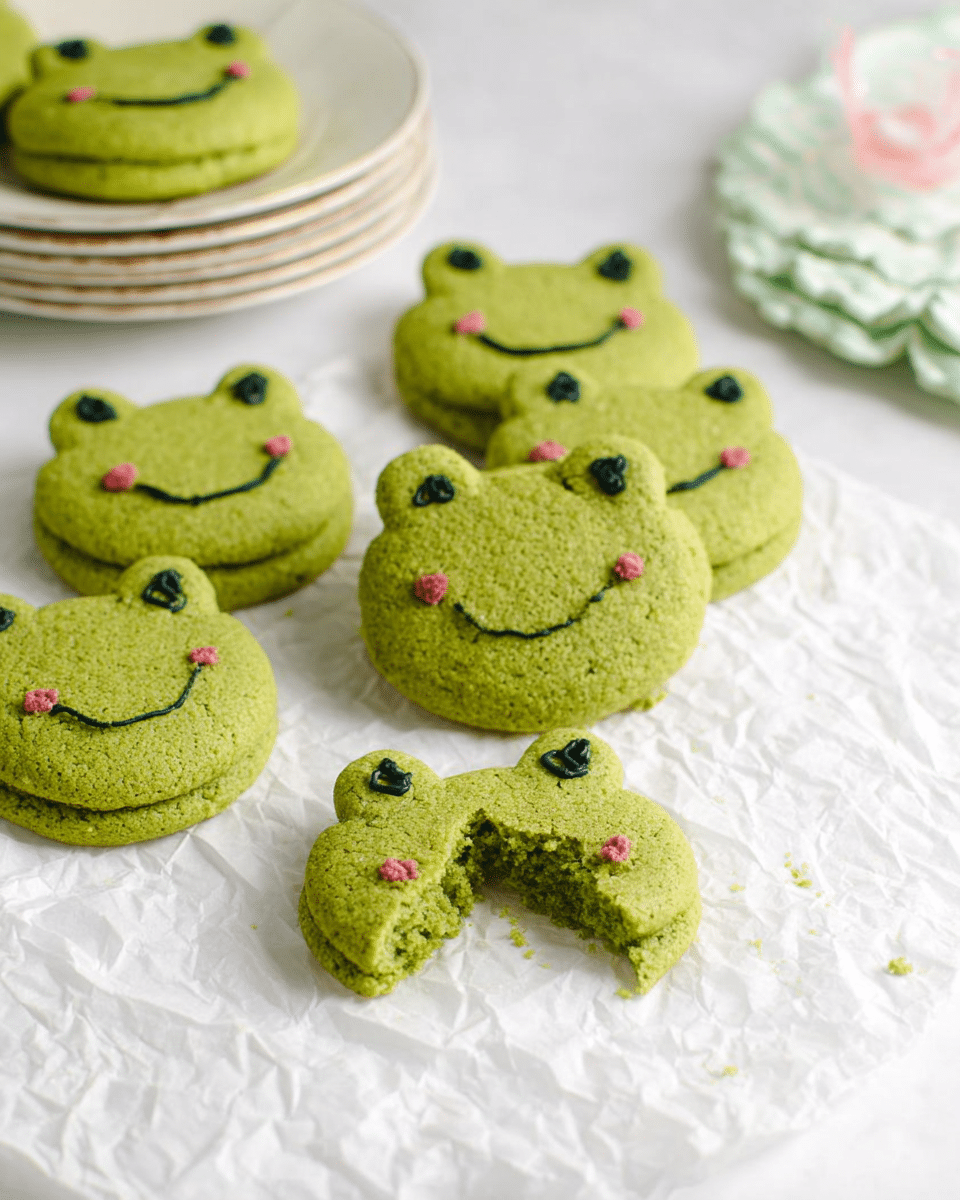 The image shows a group of green frog-shaped cookies placed on crumpled white parchment paper over a white marbled surface. Each cookie has a large round face and two smaller round ears, making three circular layers per cookie with a crumbly texture. The frogs' eyes are small black dots made with icing, and they have smiling mouths drawn with black icing with two tiny pink dots at the corners. One cookie is broken in half, showing a soft, crumbly green inside. In the background, there is a stack of clean white plates with scalloped edges. The overall scene feels bright and fresh. photo taken with an iphone --ar 4:5 --v 7
