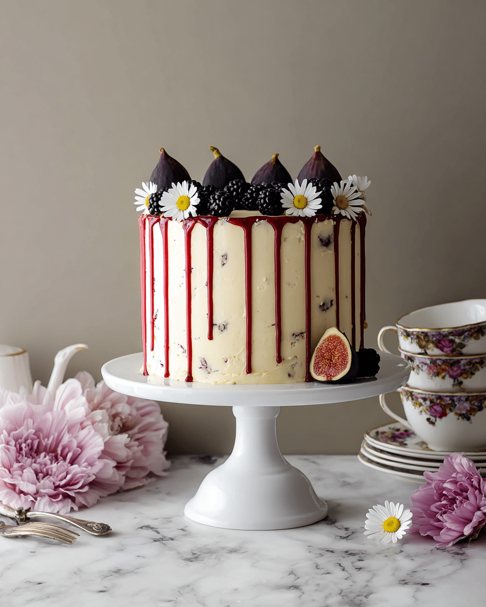A tall cake with smooth cream-colored frosting is placed on a white cake stand. Thin, red syrup drips evenly down from the top edge, creating long vertical lines. The top of the cake is decorated with dark purple figs cut in halves, blackberries, and small white daisies with yellow centers, arranged evenly around the edge. One fig and one blackberry rest on the cake stand edge. The scene includes a white marbled surface, pink flowers laid beside the cake stand, and a white plate with floral teacups stacked on it. photo taken with an iphone --ar 4:5 --v 7