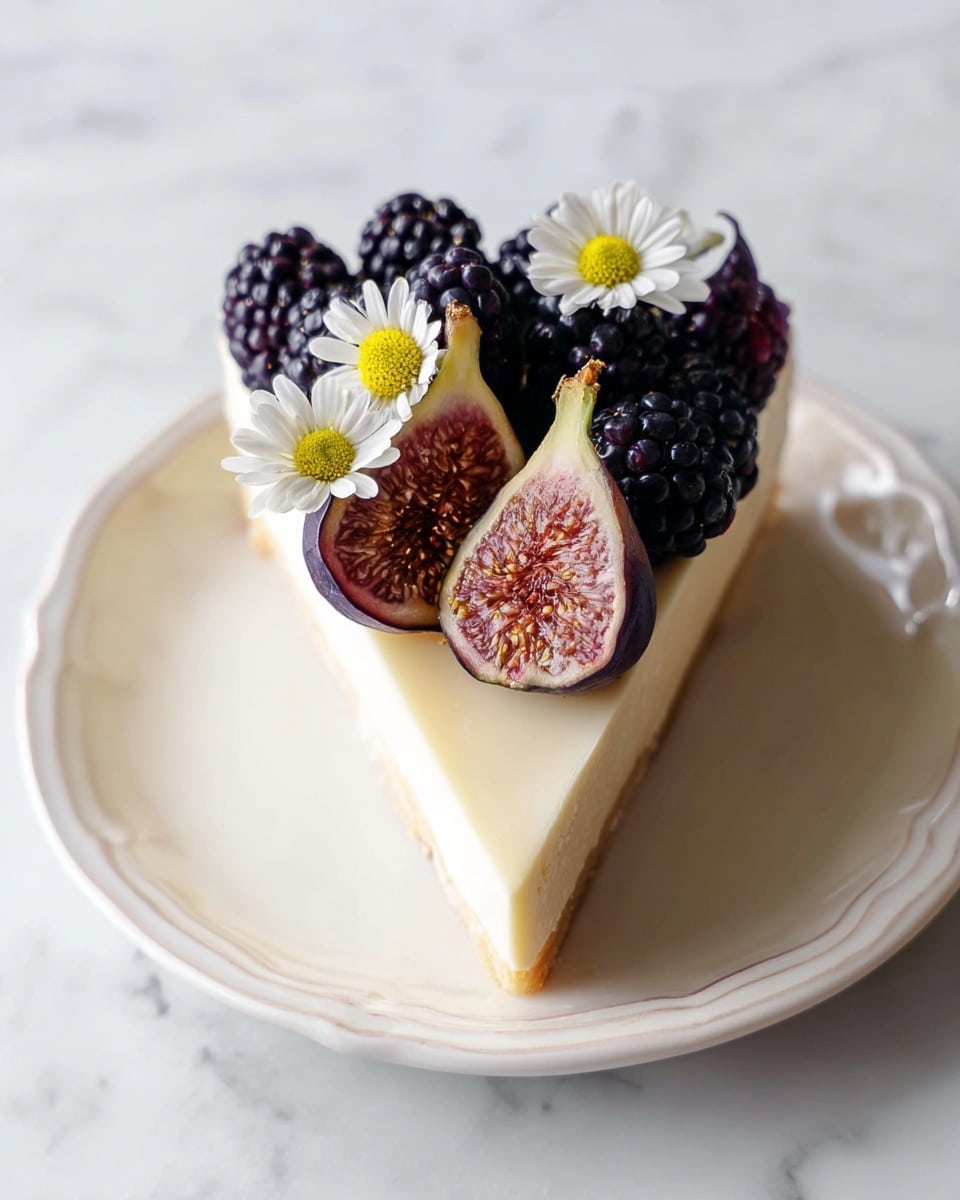 A single slice of creamy white cheesecake sits on a white plate with subtle decorative edges, placed on a white marbled surface. The cheesecake slice has a smooth, pale off-white layer forming the base. The top is decorated with a cluster of dark purple-black blackberries and two fig halves with purple skins and light brown textured insides, creating a natural, fresh look. There are three small white daisy-shaped sugar flowers with yellow centers placed among the fruit, adding a delicate and charming detail. Photo taken with an iphone --ar 4:5 --v 7