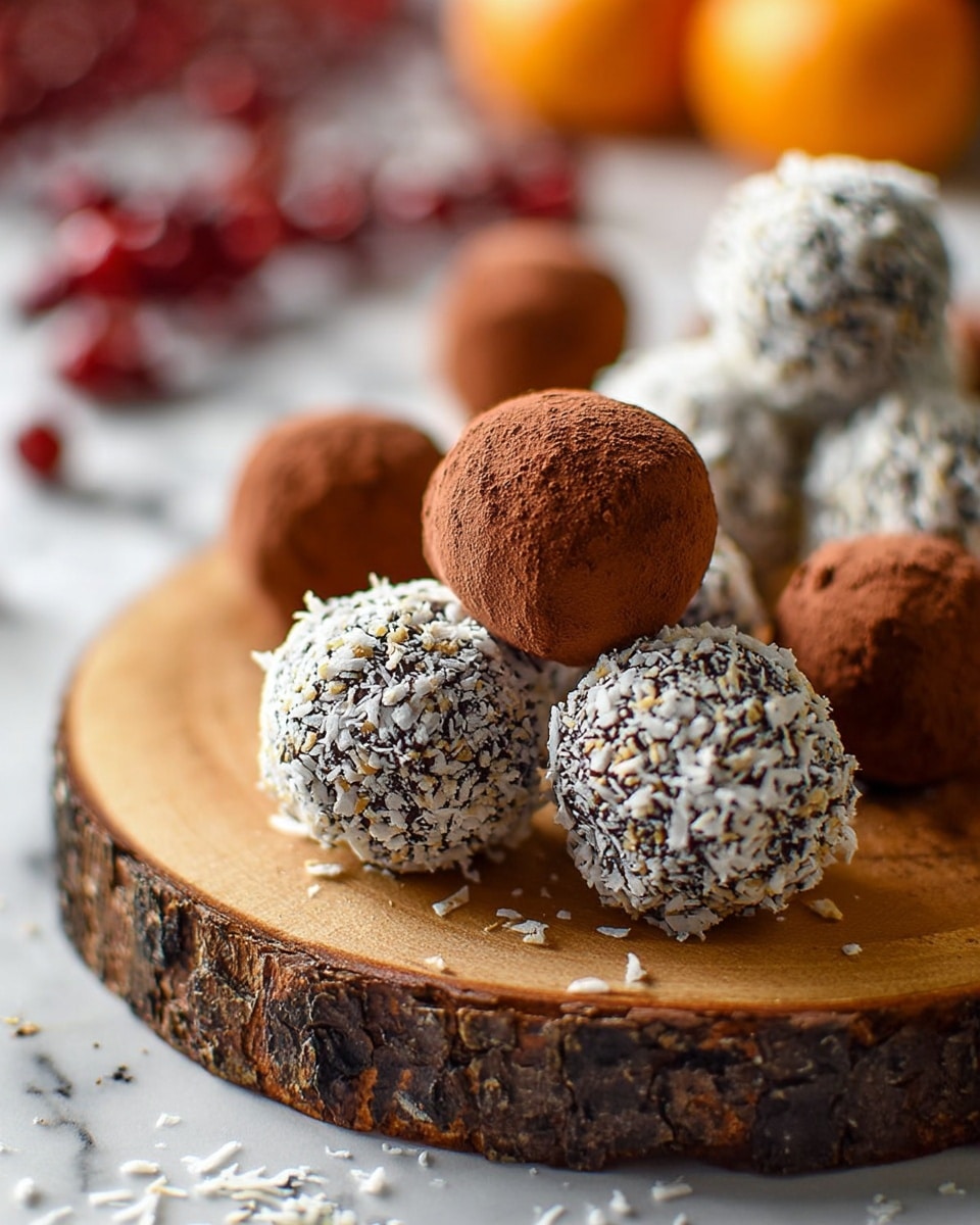 The image shows several round chocolate truffles placed on a thick, round wooden board with bark edges. The truffles have two different coatings: some are covered in a fine layer of brown cocoa powder, giving them a smooth, matte texture, while others are coated in shredded white coconut, creating a rough, textured look. The truffles are arranged in clusters, with the coconut-covered ones mostly in the front and cocoa-covered ones slightly behind. The background is blurred, showing hints of orange and red berries, and the board sits on a white marbled surface with scattered coconut flakes around it. photo taken with an iphone --ar 4:5 --v 7