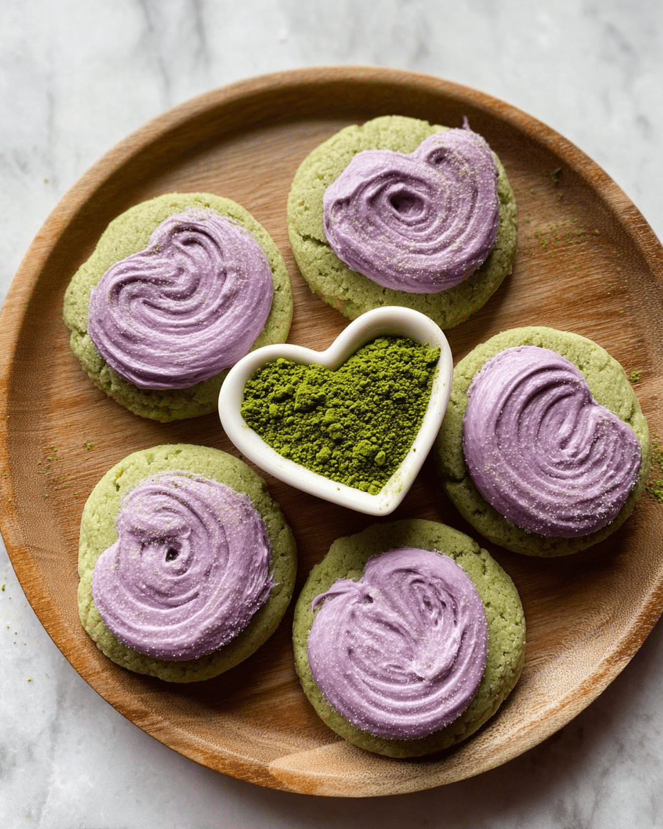 Five green cookies with a soft, slightly rough texture form a circle on a white marbled surface, each topped with a smooth, light purple spiral frosting swirled neatly on top. In the center of the circle, there is a small, white heart-shaped bowl filled with bright green powder, adding contrast to the arrangement. The cookies and bowl sit on a round wooden tray, emphasizing the colors of the treats. photo taken with an iphone --ar 4:5 --v 7
