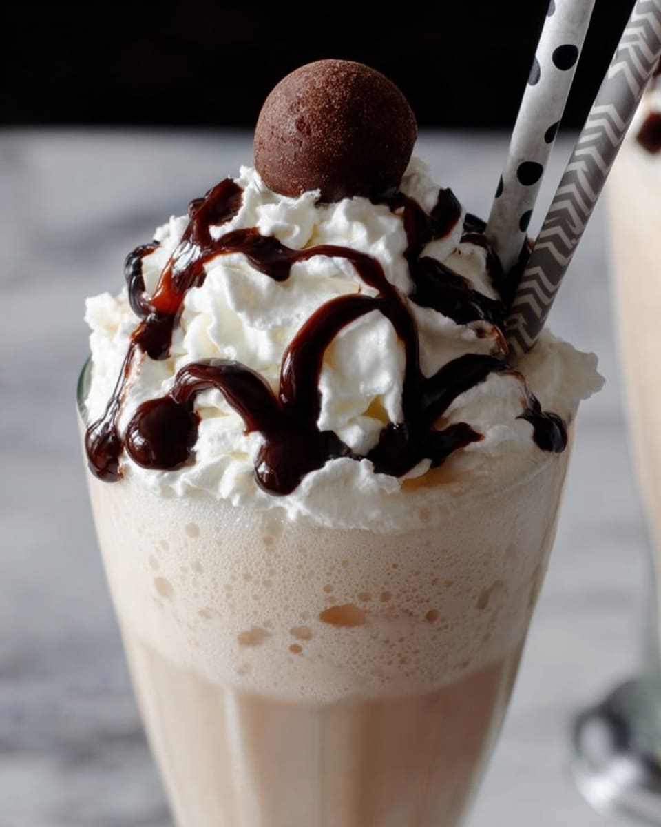 This image shows a tall clear glass filled with a creamy, light brown milkshake that has a smooth texture. On top of the milkshake is a large, fluffy layer of white whipped cream, generously drizzled with thick, dark chocolate syrup in wavy lines. At the very top center of the whipped cream sits a round chocolate ball. Two straws, one with a black and white polka dot pattern and the other with a gray and white zigzag pattern, are placed inside the glass, leaning slightly to the right. The glass is set on a white marbled surface. photo taken with an iphone --ar 4:5 --v 7