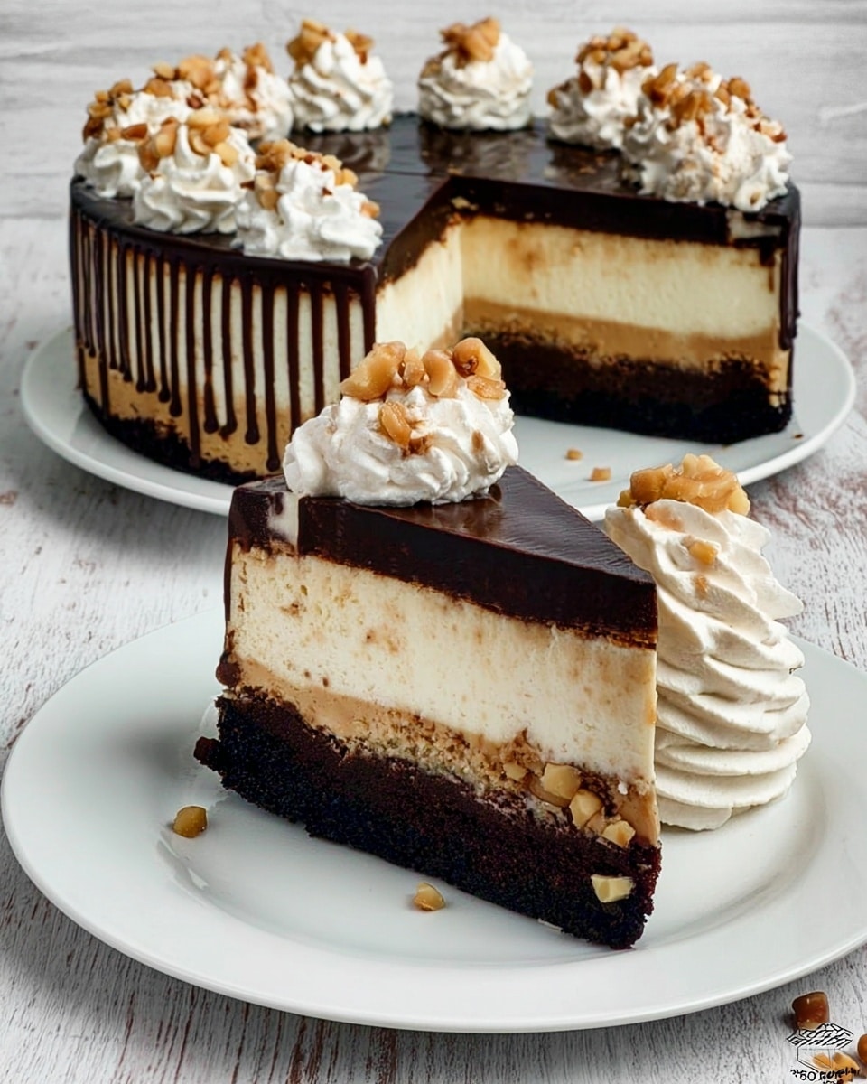 The image shows a rich three-layer cake on a white plate, with a slice placed in front on another white plate. The bottom layer is dark brown and dense, looking like chocolate or fudge. The middle layer is thick, creamy, and light beige in color. The top layer is a smooth, shiny dark chocolate glaze, with small lines of chocolate drizzle on the slice. Around the outer edge of the cake are dollops of white whipped cream, each topped with small pieces of chopped nuts. The slice also has a tall, swirled whipped cream dollop with chopped nuts on top, sitting on the plate next to it. The background surface is a white marbled texture. Photo taken with an iphone --ar 4:5 --v 7