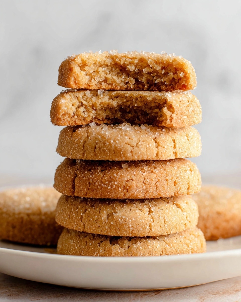 The image shows a stack of six round, light brown cookies with a crumbly and slightly grainy texture. The top cookie is broken in half, revealing a soft and moist inside with a fine crumb. The cookies have a rough surface sprinkled generously with coarse sugar crystals that sparkle slightly. They are placed on a simple white plate, and the background is a white marbled texture, making the warm tones of the cookies stand out. photo taken with an iphone --ar 4:5 --v 7