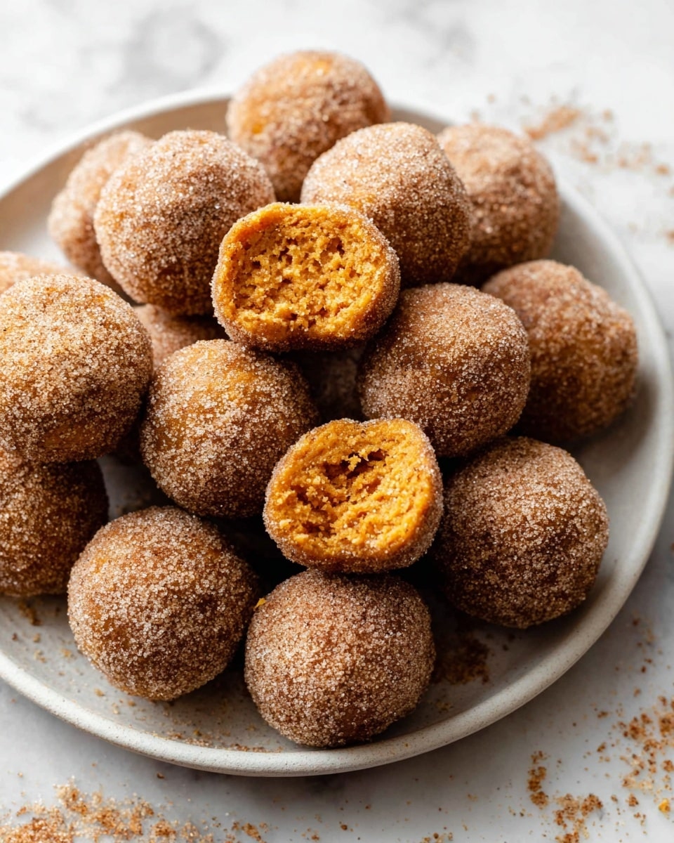 The image shows a white plate filled with many small round balls of baked treats. Each ball is coated in a layer of cinnamon sugar, giving them a rough and grainy light brown outer texture. One ball near the center is bitten into, revealing a soft, moist inner layer that is a warm orange color with a slightly crumbly texture. The plate sits on a white marbled surface, and there are small crumbs scattered gently around the plate. photo taken with an iphone --ar 4:5 --v 7
