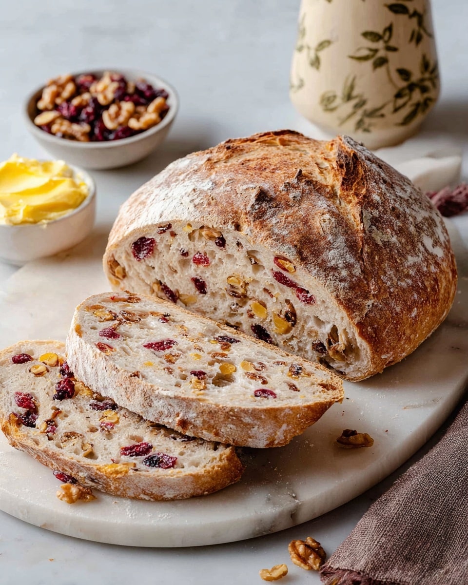 A round loaf of bread with a lightly browned and flour-dusted crust sits on a round white marble board. The bread is cut into three pieces, showing its soft inside filled with pieces of red cranberries and light brown nuts. The largest piece stands at the back, while two slices lie flat in front, revealing the bread’s airy texture with bits of cranberries and nuts spread evenly. To the left, a small bowl holds shelled walnuts, and to the right, a small white bowl has yellow softened butter. A beige ceramic jar with plant patterns and a folded brown cloth with a gray edge are in the background. The whole scene rests on a white marbled surface. photo taken with an iphone --ar 4:5 --v 7